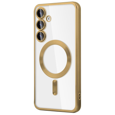 Husa Luxury tip MagSafe compatibila cu Samsung Galaxy S25, protectie camera, Margini colorate, Auriu